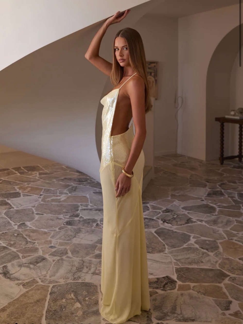 Peppermayo Pale Yellow Sequin Cowl Slip Maxi Dress - Picture 4 of 14